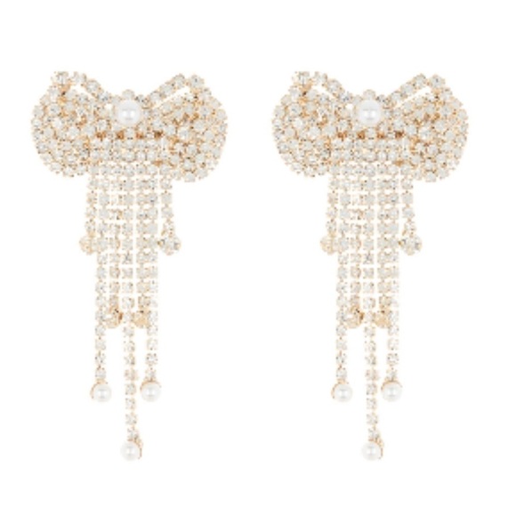 Tasha Jewelry - Tasha Gold Crystal Imitation Pearl Fringe Bow
Earrings NWT